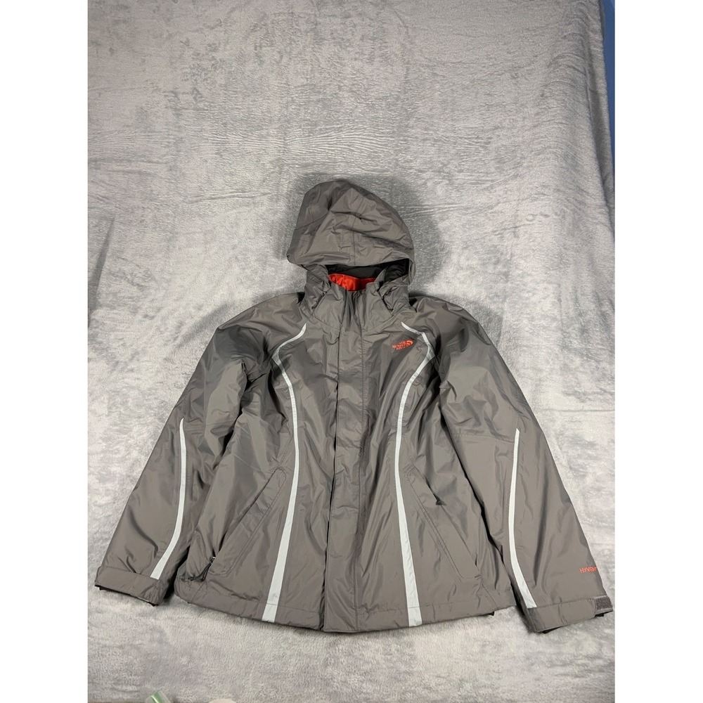 The North Face Womens M HyVent Hooded Rain Jacket Gray Reflective Long Sleeve